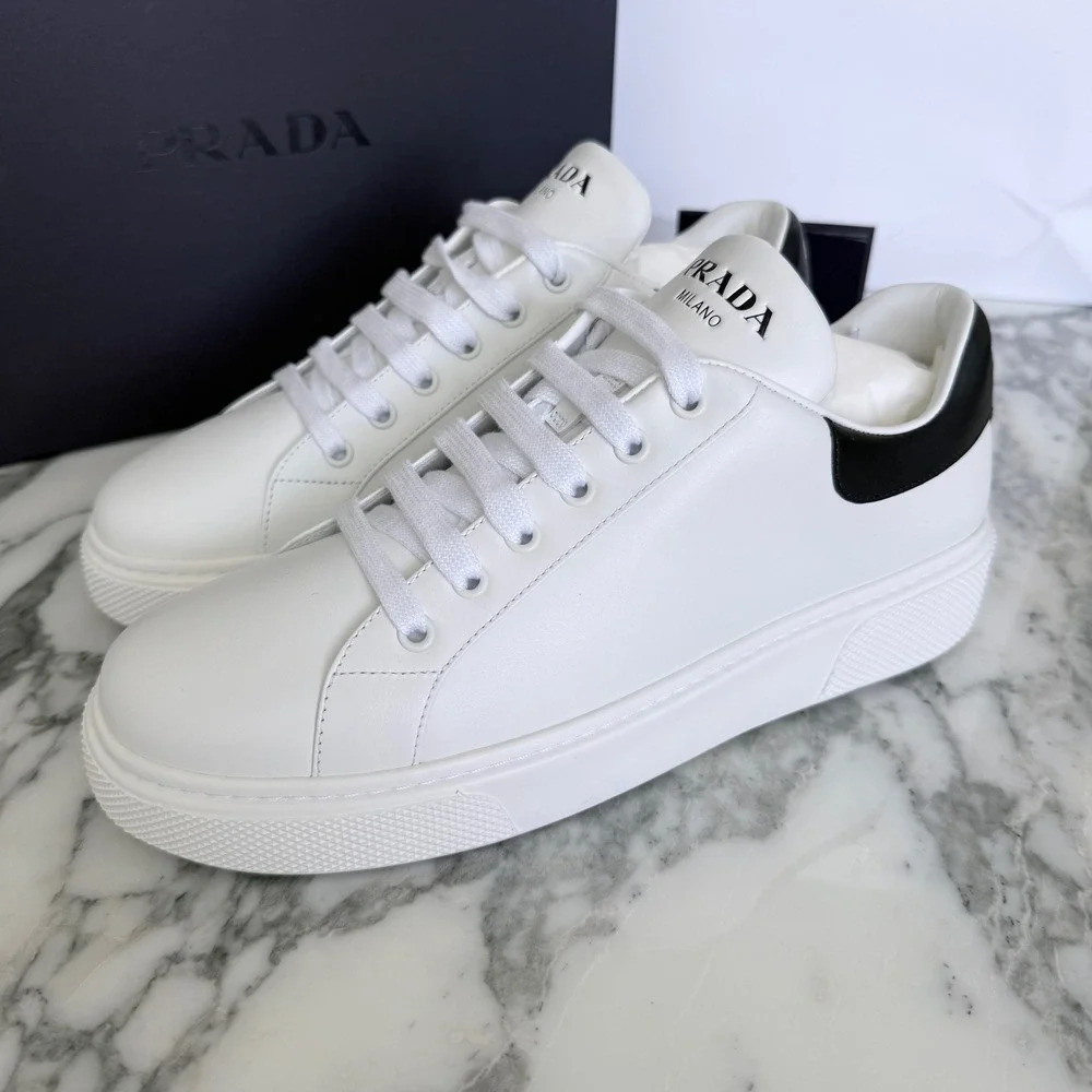 Prada Women White Leather Low Top Sneakers Black Heel Tab 1E621M Size US 9.5